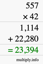 How to calculate 557 times 42 using long multiplication