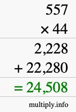 How to calculate 557 times 44 using long multiplication