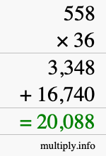 How to calculate 558 times 36 using long multiplication