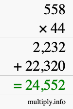 How to calculate 558 times 44 using long multiplication