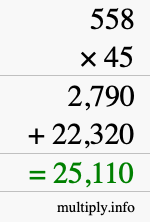 How to calculate 558 times 45 using long multiplication