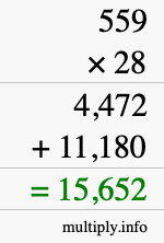 How to calculate 559 times 28 using long multiplication
