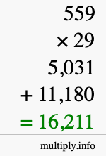 How to calculate 559 times 29 using long multiplication