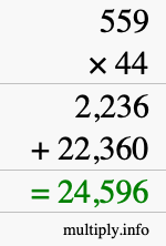 How to calculate 559 times 44 using long multiplication