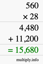 How to calculate 560 times 28 using long multiplication