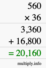 How to calculate 560 times 36 using long multiplication