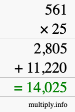 How to calculate 561 times 25 using long multiplication How to calculate 561 times 25 using long multiplication