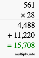 How to calculate 561 times 28 using long multiplication