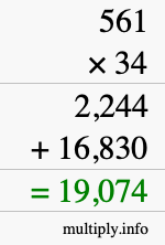 How to calculate 561 times 34 using long multiplication