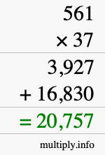How to calculate 561 times 37 using long multiplication