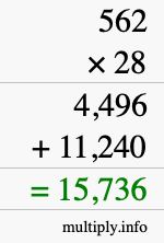 How to calculate 562 times 28 using long multiplication
