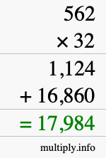 How to calculate 562 times 32 using long multiplication