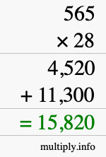 How to calculate 565 times 28 using long multiplication