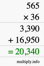 How to calculate 565 times 36 using long multiplication