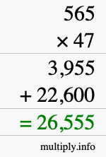 How to calculate 565 times 47 using long multiplication