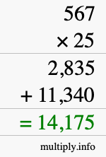 How to calculate 567 times 25 using long multiplication