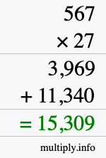 How to calculate 567 times 27 using long multiplication