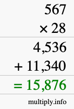 How to calculate 567 times 28 using long multiplication