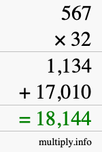 How to calculate 567 times 32 using long multiplication