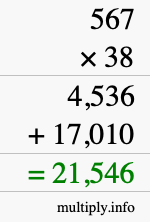 How to calculate 567 times 38 using long multiplication