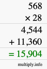 How to calculate 568 times 28 using long multiplication