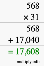 How to calculate 568 times 31 using long multiplication