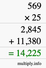 How to calculate 569 times 25 using long multiplication
