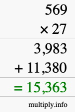 How to calculate 569 times 27 using long multiplication