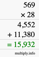 How to calculate 569 times 28 using long multiplication