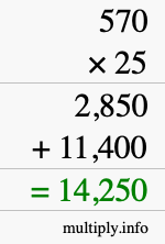 How to calculate 570 times 25 using long multiplication