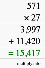 How to calculate 571 times 27 using long multiplication