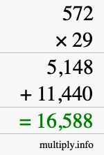 How to calculate 572 times 29 using long multiplication