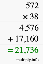 How to calculate 572 times 38 using long multiplication