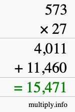 How to calculate 573 times 27 using long multiplication