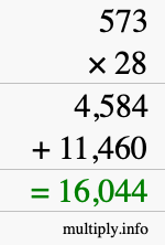 How to calculate 573 times 28 using long multiplication