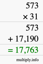 How to calculate 573 times 31 using long multiplication