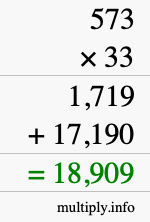 How to calculate 573 times 33 using long multiplication
