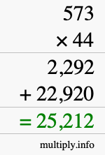 How to calculate 573 times 44 using long multiplication