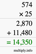 How to calculate 574 times 25 using long multiplication