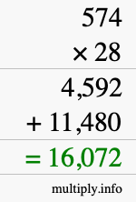How to calculate 574 times 28 using long multiplication