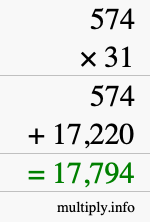 How to calculate 574 times 31 using long multiplication
