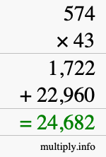 How to calculate 574 times 43 using long multiplication