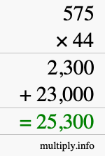 How to calculate 575 times 44 using long multiplication