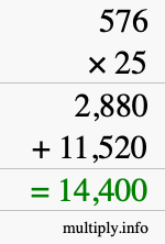 How to calculate 576 times 25 using long multiplication
