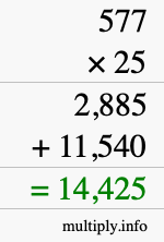How to calculate 577 times 25 using long multiplication How to calculate 577 times 25 using long multiplication