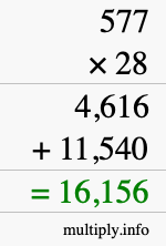 How to calculate 577 times 28 using long multiplication
