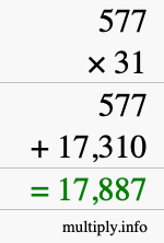 How to calculate 577 times 31 using long multiplication