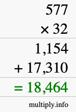 How to calculate 577 times 32 using long multiplication