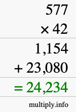 How to calculate 577 times 42 using long multiplication