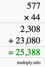 How to calculate 577 times 44 using long multiplication